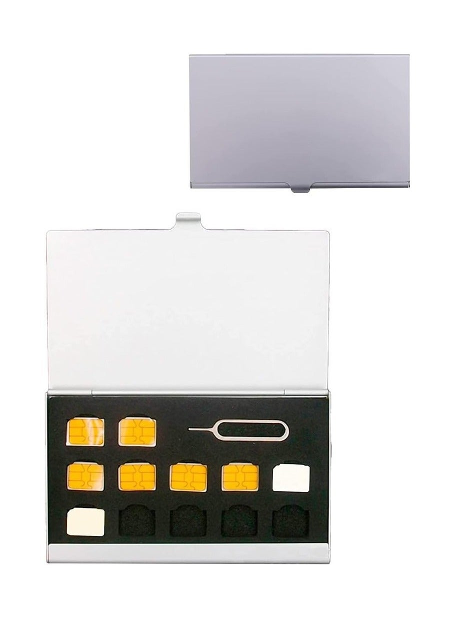 Aluminum SIM Card Case Fit For 12 Nano SIM Card And 1 Cell Phone Eject Pin Slots Universal Waterproof Slim Mini SIM Card Slots Storage Case (Silver)