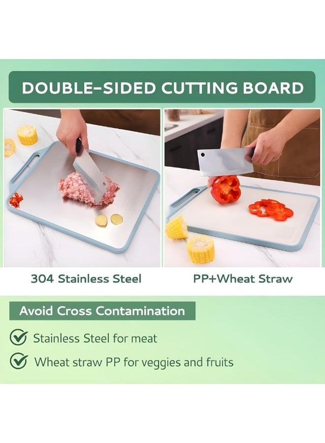 MOMENT Stainless Steel Cutting Board, 2 Sided Non Toxic Large Chopping Board for Chopping Meat/Vegetables, Stainless Steel/Wheat Straw PP, Kitchen Gifts Easy to Clean Large 39.5 * 30.5CM, Mint Green - Image 3