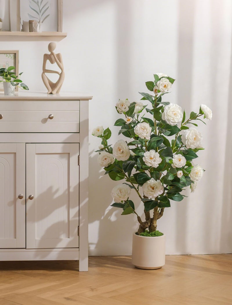 BLOSMON Artificial Flower Tree for Porch: 3.3ft Fake Trees Set of 2 for Home Front Door Decor Indoor Faux Plants Outdoor - White Camellia Plant with Pot for Living Room Patio Deck Yard Decoration - Image 3