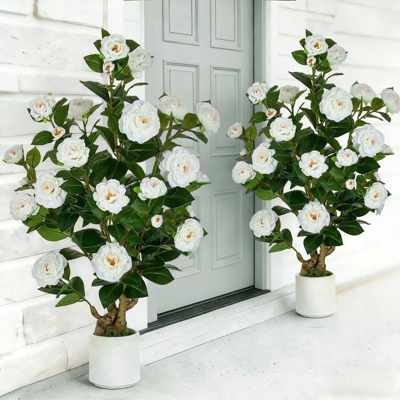 BLOSMON Artificial Flower Tree for Porch: 3.3ft Fake Trees Set of 2 for Home Front Door Decor Indoor Faux Plants Outdoor - White Camellia Plant with Pot for Living Room Patio Deck Yard Decoration - Image 1