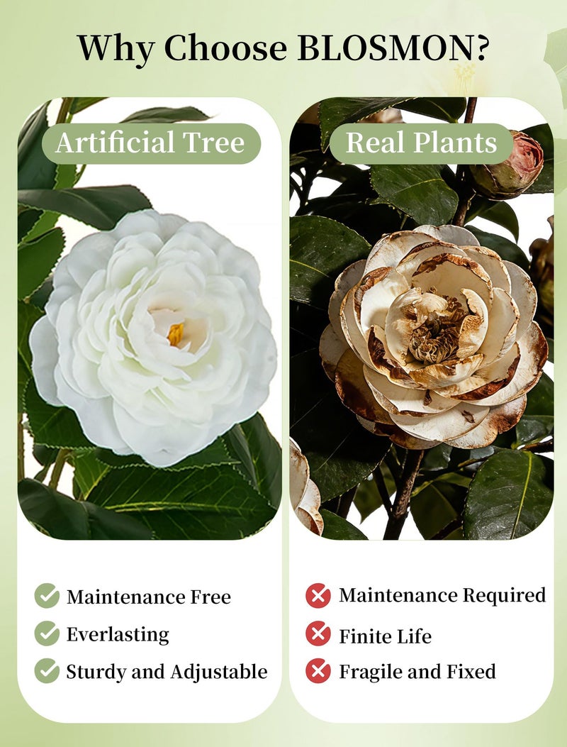 BLOSMON Artificial Flower Tree for Porch: 3.3ft Fake Trees Set of 2 for Home Front Door Decor Indoor Faux Plants Outdoor - White Camellia Plant with Pot for Living Room Patio Deck Yard Decoration - Image 4