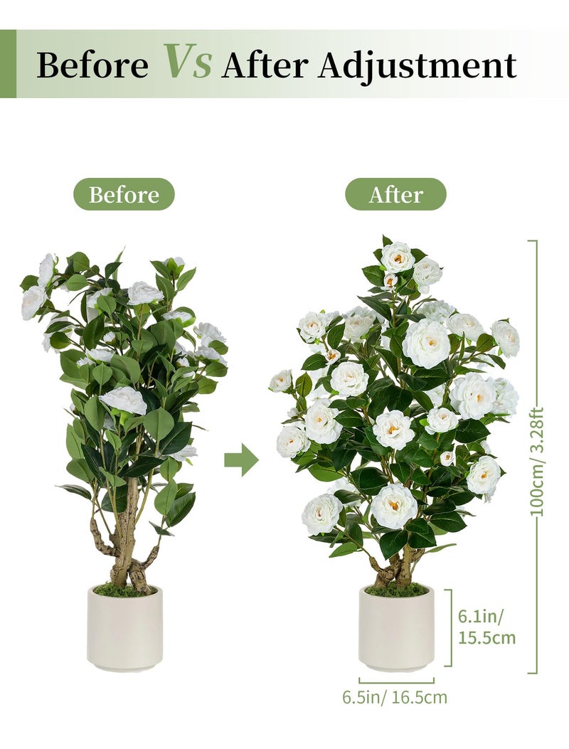 BLOSMON Artificial Flower Tree for Porch: 3.3ft Fake Trees Set of 2 for Home Front Door Decor Indoor Faux Plants Outdoor - White Camellia Plant with Pot for Living Room Patio Deck Yard Decoration - Image 5