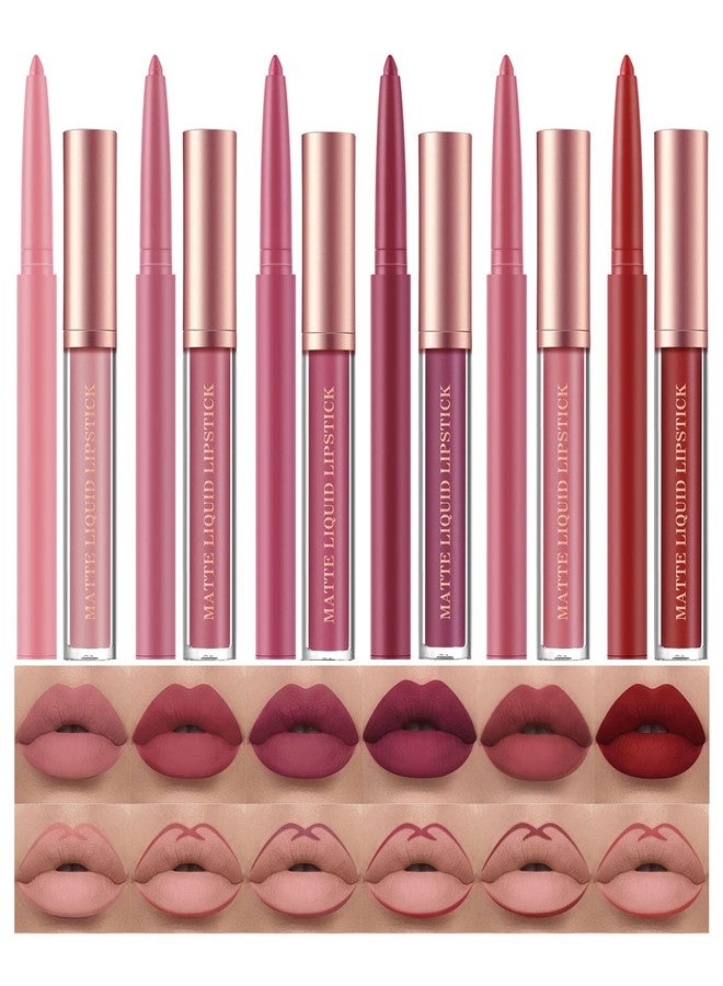 URQT 12pcs Lip Liner and Lipstick Makeup Set, 6 Velvety Matte Liquid Lipsticks + 6 Matching Smooth Lip Liner One Step Lips Makeup Kits Waterproof Long Lasting Matte Lipstick Gift Set (Set B, 12) - Image 1
