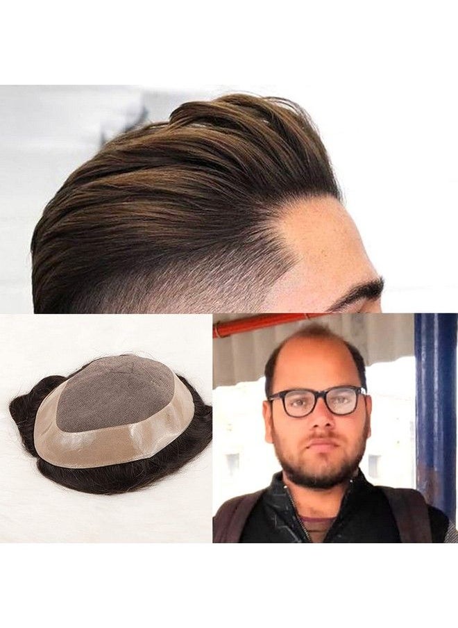 PRAVRAJYA - Australian Hair Patch For Men 100% Human Hair Natural Looking Pu Thin Front Lace Hair System/Patch/Toupee/Wig/Non Surgical Hair Replacement Solution (Brown Hair 8X5) - Image 1