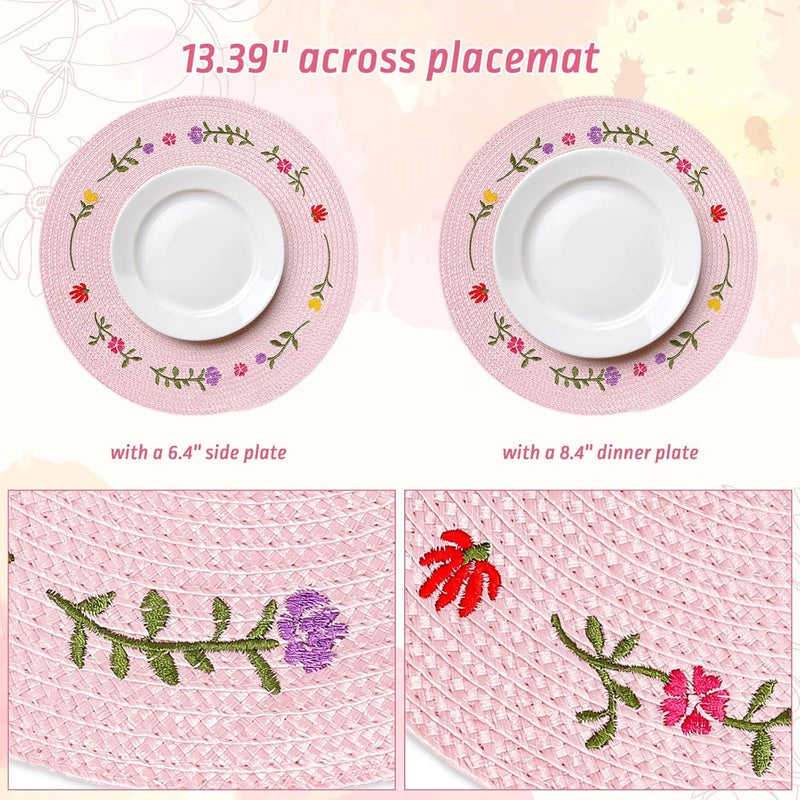Whaline 4Pcs Round Placemats Spring Flower Embroidered Place Mats Pink Floral Dinner Table Mats for Home Holiday Wedding Bridal Baby Shower Birthday Party Decor - Image 2