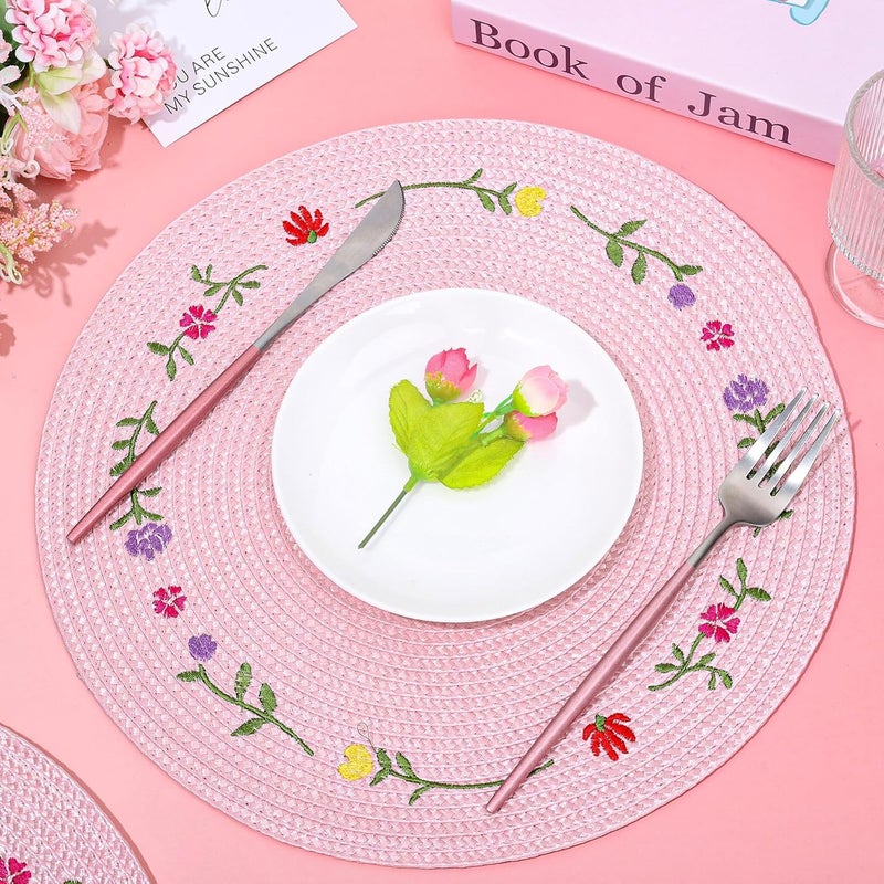 Whaline 4Pcs Round Placemats Spring Flower Embroidered Place Mats Pink Floral Dinner Table Mats for Home Holiday Wedding Bridal Baby Shower Birthday Party Decor - Image 3