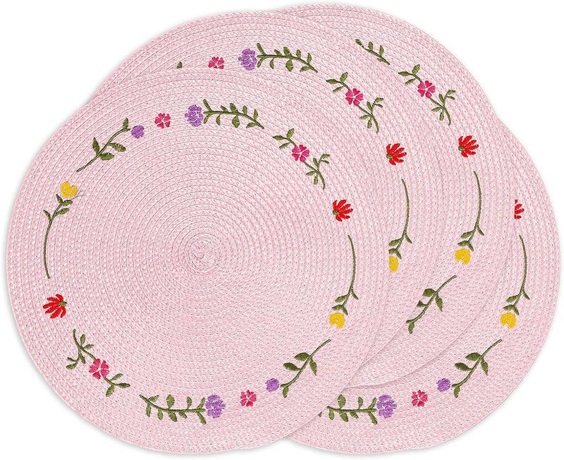 Whaline 4Pcs Round Placemats Spring Flower Embroidered Place Mats Pink Floral Dinner Table Mats for Home Holiday Wedding Bridal Baby Shower Birthday Party Decor - Image 1