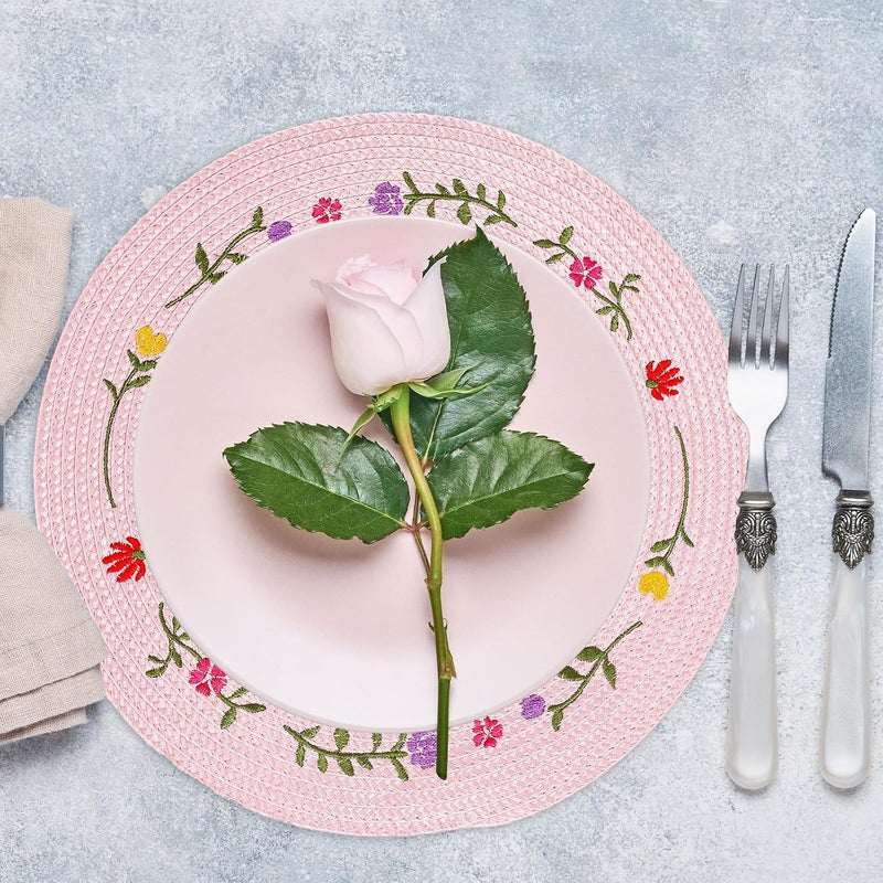 Whaline 4Pcs Round Placemats Spring Flower Embroidered Place Mats Pink Floral Dinner Table Mats for Home Holiday Wedding Bridal Baby Shower Birthday Party Decor - Image 4