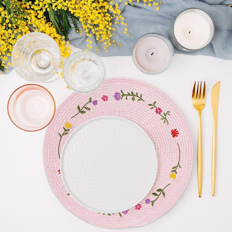 Whaline 4Pcs Round Placemats Spring Flower Embroidered Place Mats Pink Floral Dinner Table Mats for Home Holiday Wedding Bridal Baby Shower Birthday Party Decor - Image 5