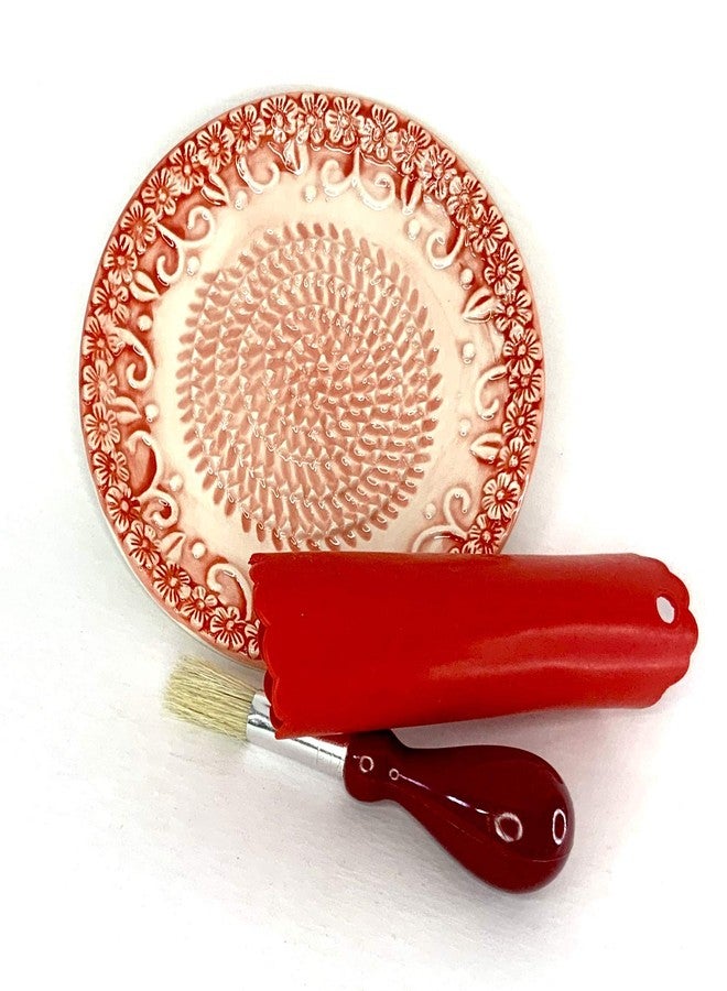 BonCera, All-in-one Premium Ceramic Garlic Grater Plate 4-Piece Set - Red Embossed Design and Style - For Garlic, Ginger, Chocolate, and more! - Comes with 5.25" Plate, Peeler, Brush, and Stand - Image 3