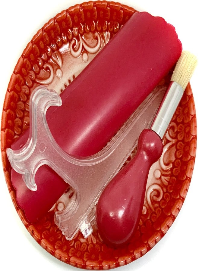 BonCera, All-in-one Premium Ceramic Garlic Grater Plate 4-Piece Set - Red Embossed Design and Style - For Garlic, Ginger, Chocolate, and more! - Comes with 5.25" Plate, Peeler, Brush, and Stand - Image 4