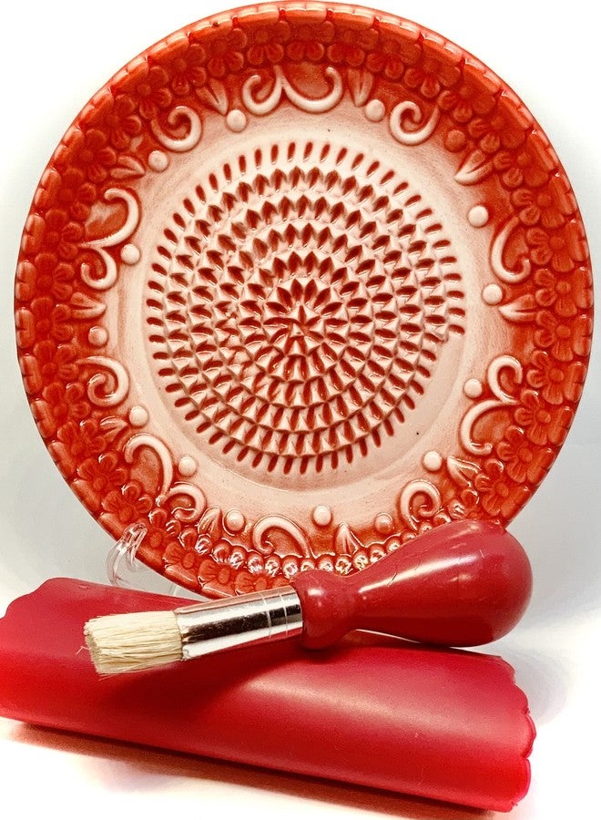 BonCera, All-in-one Premium Ceramic Garlic Grater Plate 4-Piece Set - Red Embossed Design and Style - For Garlic, Ginger, Chocolate, and more! - Comes with 5.25" Plate, Peeler, Brush, and Stand - Image 1
