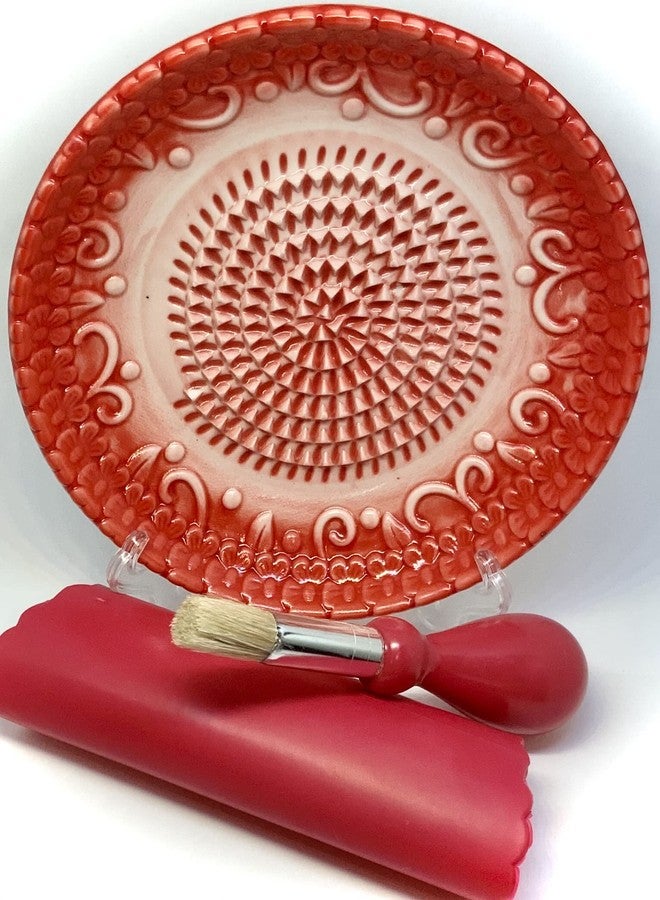 BonCera, All-in-one Premium Ceramic Garlic Grater Plate 4-Piece Set - Red Embossed Design and Style - For Garlic, Ginger, Chocolate, and more! - Comes with 5.25" Plate, Peeler, Brush, and Stand - Image 5