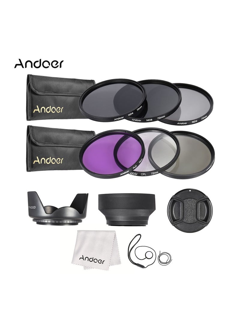 ANDOER Andoer 72mm Lens Filter Kit UV+CPL+FLD+ND(ND2 ND4 ND8) with Carry Pouch / Lens Cap / Lens Cap Holder / Tulip & Rubber Lens Hoods / Cleaning Cloth  - Image 1