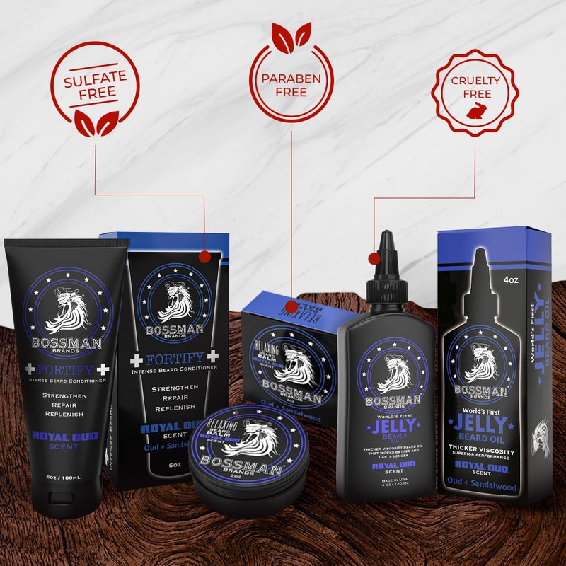 Bossman Essentials Beard Kit for Men, Set of 3 - Beard Oil Jelly, Fortifying Conditioner Cream, Beard Balm - Grooming Growth Care Accessories - Gift Set for Men (Royal Oud) - Image 4
