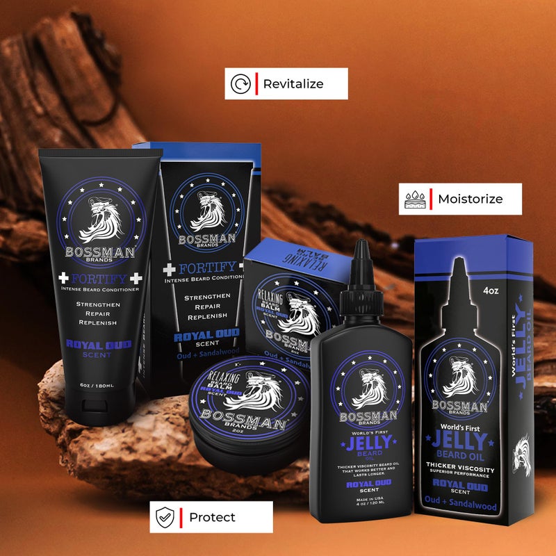 Bossman Essentials Beard Kit for Men, Set of 3 - Beard Oil Jelly, Fortifying Conditioner Cream, Beard Balm - Grooming Growth Care Accessories - Gift Set for Men (Royal Oud) - Image 3