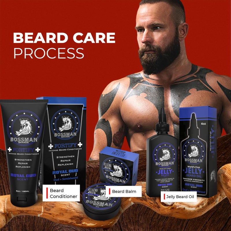 Bossman Essentials Beard Kit for Men, Set of 3 - Beard Oil Jelly, Fortifying Conditioner Cream, Beard Balm - Grooming Growth Care Accessories - Gift Set for Men (Royal Oud) - Image 2