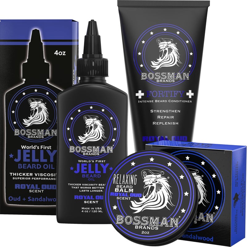 Bossman Essentials Beard Kit for Men, Set of 3 - Beard Oil Jelly, Fortifying Conditioner Cream, Beard Balm - Grooming Growth Care Accessories - Gift Set for Men (Royal Oud) - Image 1