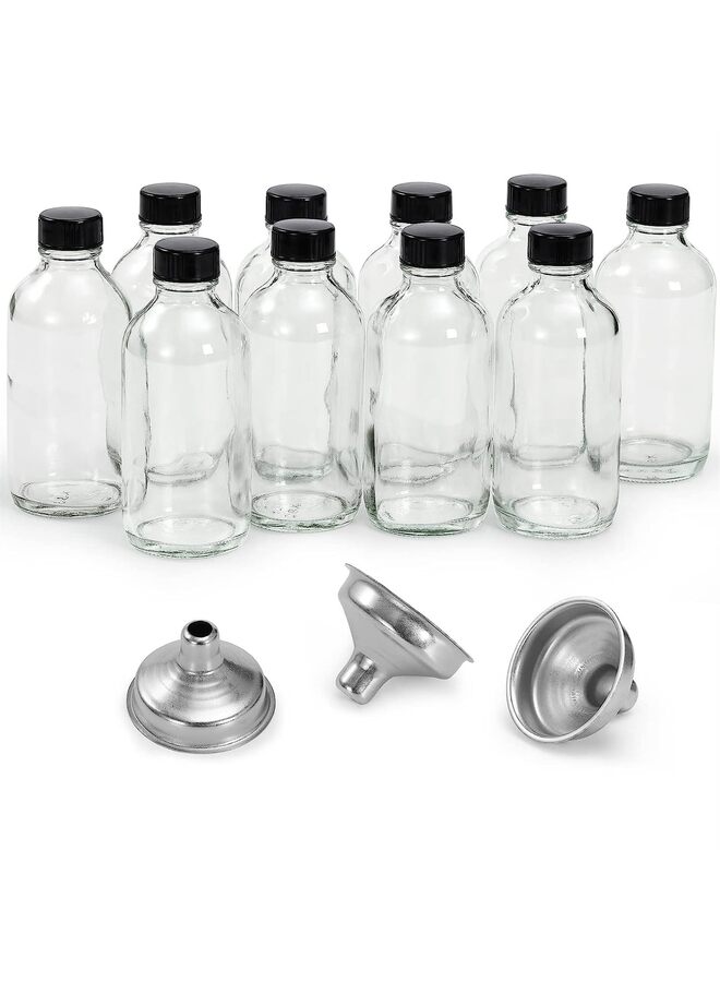 عبوة من 10 زجاجات صغيرة شفافة سعة 4 أونصات مع أغطية و3 قمع من الفولاذ المقاوم للصدأ - زجاجات عينات مستديرة من بوسطن سعة 120 مل للمشروبات والعصير وجرعات الزنجبيل والزيوت والويسكي والسوائل - زجاجة سفر - Image 1