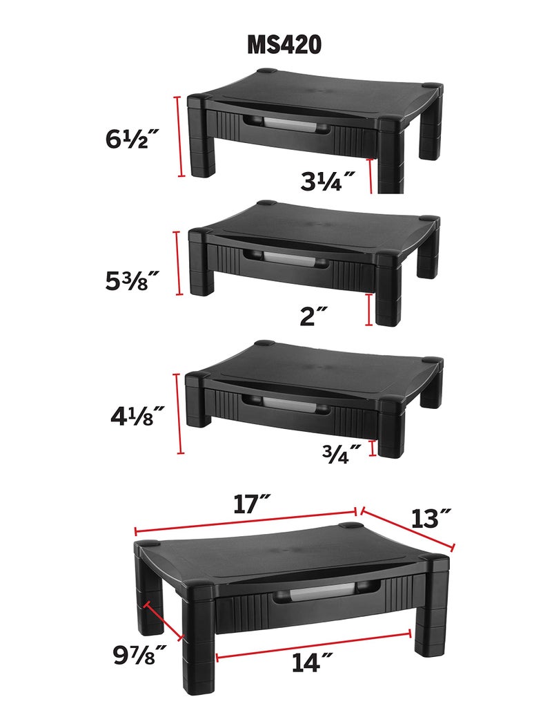 Kantek Monitor Stand With Drawer, 17" X 13.25" X 3" To 6.5", Black, Supports 50 Lbs - Image 2