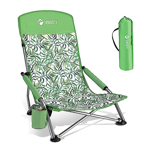 VILLEY Low Beach Chair High Back Folding Beach Chair for Adults Lightweight and Portable for Outdoor Beach Camping Lawn Music Festival with Cup Holder and Carry BagGreen Tropical Leaves