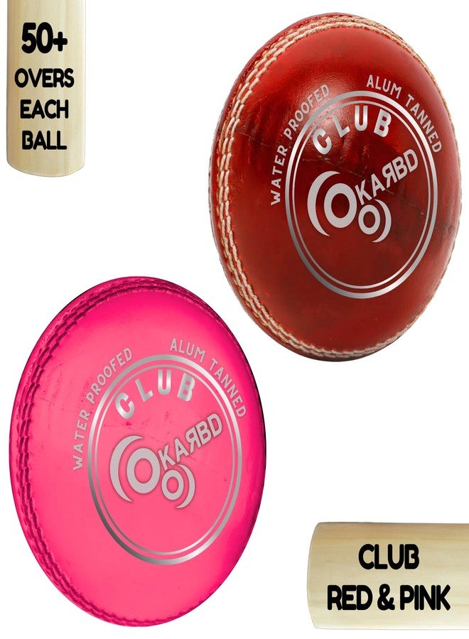 KARBD Cricket Ball Leather 4 Piece Professional Hand Stitching Waterproof Coating Season Ball for Tournament Club Matches (50+ Overs, Club Red & Pink, Combo Pack Set of 2) - Image 2