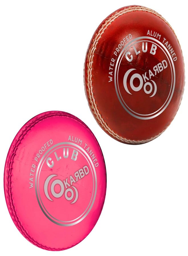 KARBD Cricket Ball Leather 4 Piece Professional Hand Stitching Waterproof Coating Season Ball for Tournament Club Matches (50+ Overs, Club Red & Pink, Combo Pack Set of 2) - Image 1