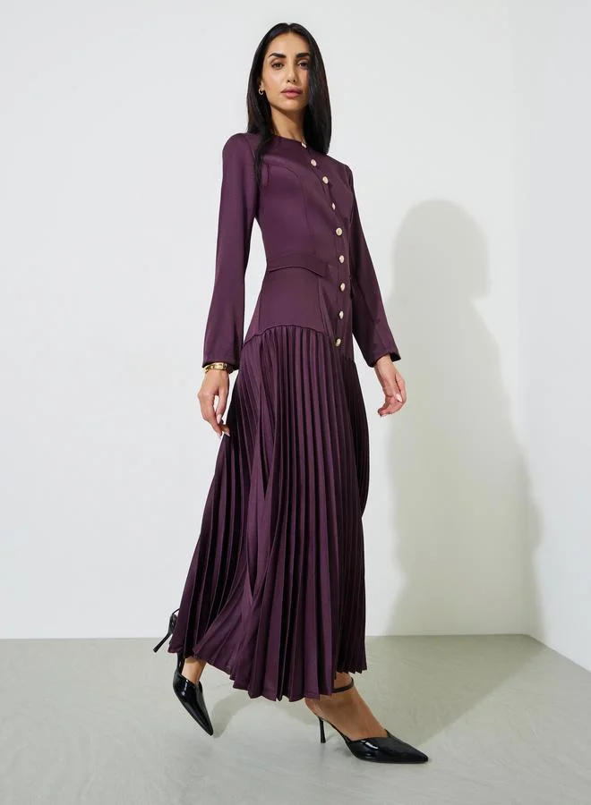 ستايلي Purple Solid Pleated Button Detail A-Line Maxi Dress