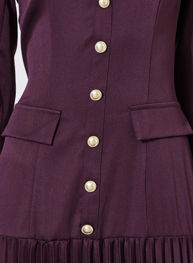 Styli  Purple Solid Pleated Button Detail A-Line Maxi Dress for Women | Best Price UAE