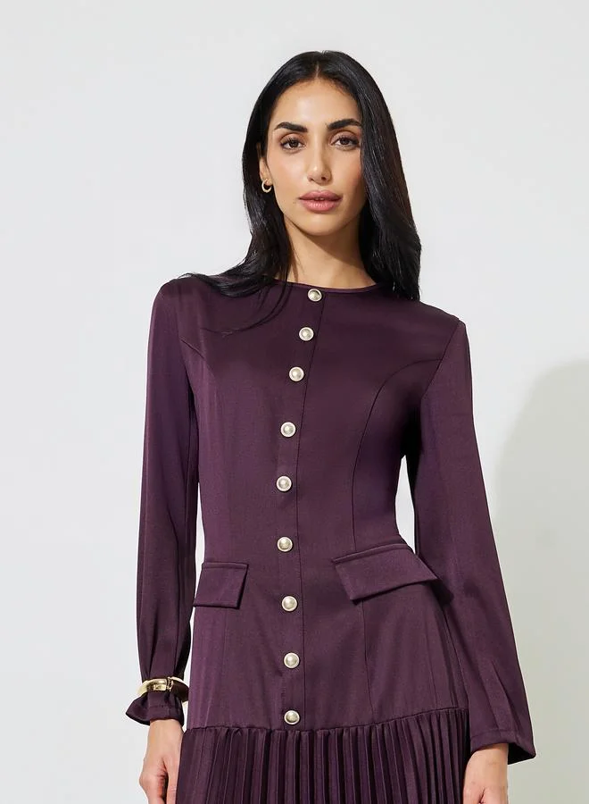 ستايلي Purple Solid Pleated Button Detail A-Line Maxi Dress