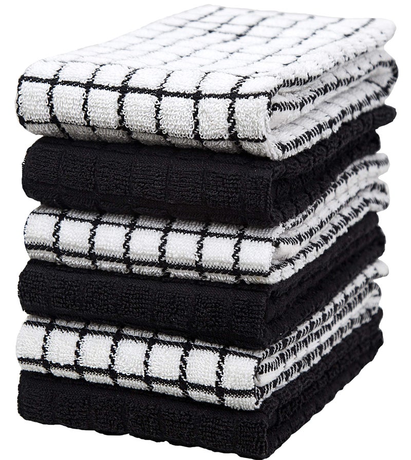 Kitchen Towels 16x 28  Dish Towels  Kitchen Hand Towels  Large Dishcloths  Highly Absorbent Tea Towel with Hanging Loop  Natural Ring Spun Cotton 380 GSM  Black Check Design  6 Pack
