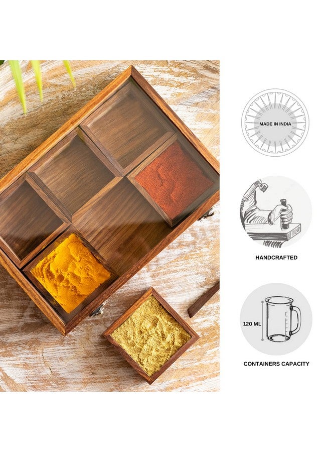 ExclusiveLane صندوق ماسالا خشبي 'ماسالا بليندز' حصري للمطبخ مع ملعقة (خشب شيشام، 6 حاويات كبيرة، 120 مل) | حاويات توابل ماسالا مصنوعة يدويًا من خشب شيشام، بني - Image 4