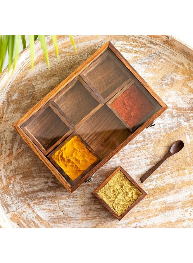 ExclusiveLane صندوق ماسالا خشبي 'ماسالا بليندز' حصري للمطبخ مع ملعقة (خشب شيشام، 6 حاويات كبيرة، 120 مل) | حاويات توابل ماسالا مصنوعة يدويًا من خشب شيشام، بني - Image 1