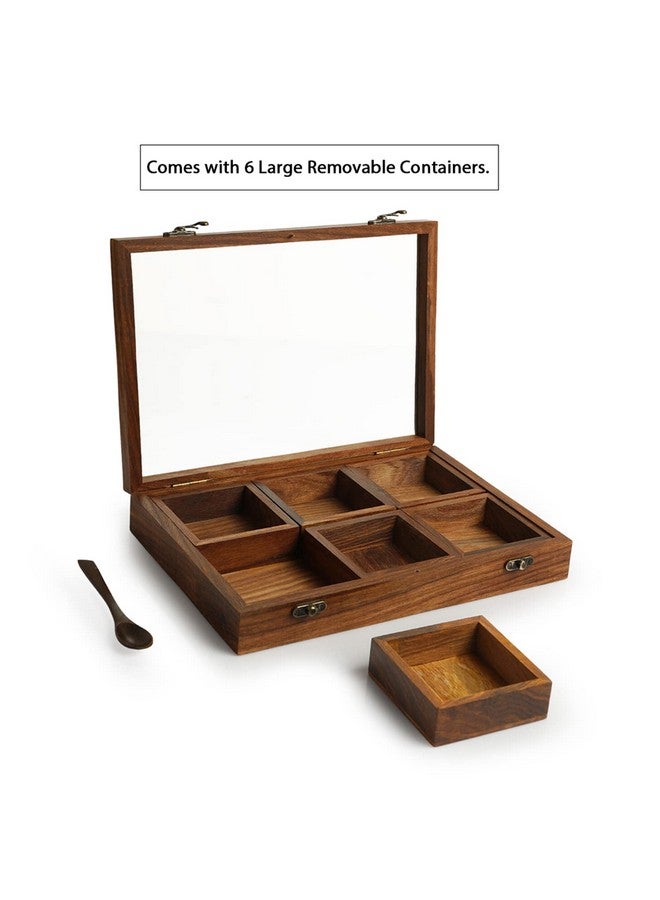 ExclusiveLane صندوق ماسالا خشبي 'ماسالا بليندز' حصري للمطبخ مع ملعقة (خشب شيشام، 6 حاويات كبيرة، 120 مل) | حاويات توابل ماسالا مصنوعة يدويًا من خشب شيشام، بني - Image 3