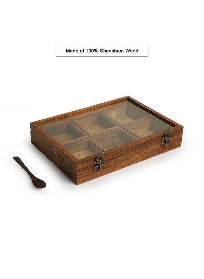 ExclusiveLane صندوق ماسالا خشبي 'ماسالا بليندز' حصري للمطبخ مع ملعقة (خشب شيشام، 6 حاويات كبيرة، 120 مل) | حاويات توابل ماسالا مصنوعة يدويًا من خشب شيشام، بني - Image 2