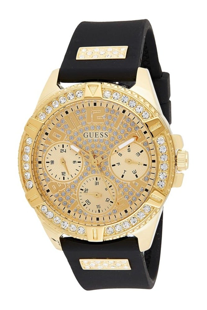 GUESS Gold-Tone Stainless Steel Crystal Encrusted Dial with Black Stain Resistant Silicone Watch - Image 1