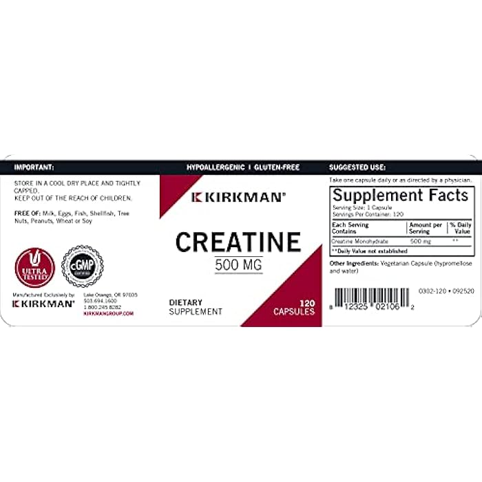 Kirkman Creatine 500 mg - Hypoallergenic | 120 Vegetarian Capsules | Amino Acid - Image 3
