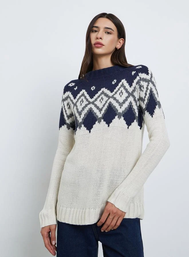 Styli  Styli Printed Oversized Knitted Sweater for Women | Best Price UAE