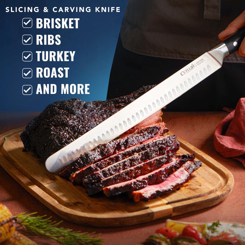Cutluxe Slicing Carving Knife – 12" Brisket Knife, Meat Cutting and BBQ Knife – Razor Sharp German Steel, Sheath Included, Full Tang, Ergonomic Handle Design – Artisan Series - Image 4