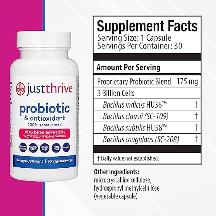 Just Thrive Probiotic & Antioxidant Supplement - 100% Spore-Based Digestive and Immune Support - Gluten Free, 30 Caps - Image 2