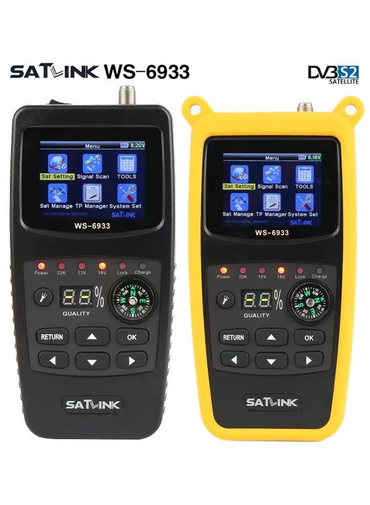 WS-6933 جهاز بحث عن إشارة الأقمار الصناعية الرقمي DVB-S/S2، مستقبل إشارة التلفاز مع شاشة LCD مقاس 2.1 بوصة ودعم QPSK/8PSK/16APSK/32APSK ومصباح LED وبوصلة