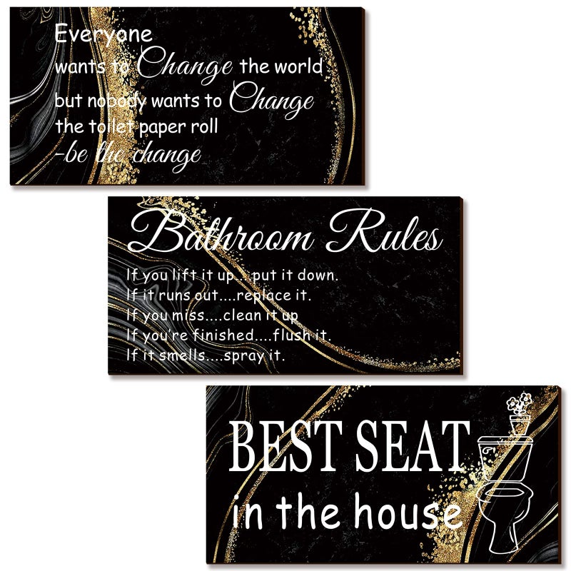 Yinder Yinder 3 Pieces Black and Gold Bathroom Wall Decor Wooden Rules Marble Style Farmhouse Wall Art Funny Hanging Signs for Bathroom Toilet DecorNoble Style 