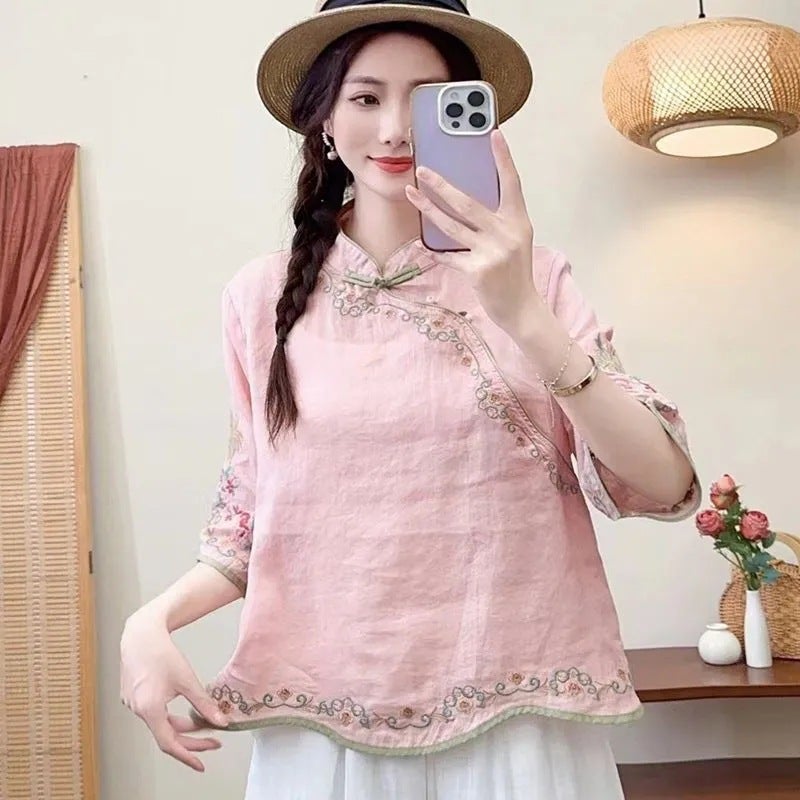 Womens Clothing Chinese Embroidered Cotton and Linen Artistic Retro Style Top with Buckle for Summer and Autumn New Style Oblique Placket Tea Clothes plus size Shirt N#A33 pink shirt
