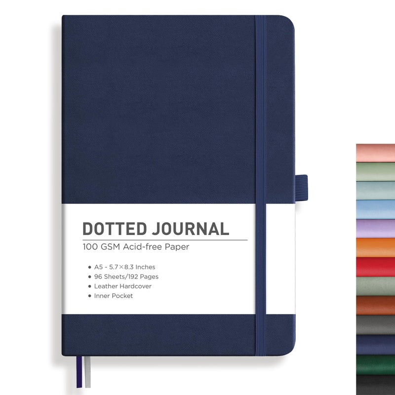 Rettacy Bullet Dotted Journal Notebook  192 Pages  A5 Medium Size (5.7'' X 8.3'')  Leather Hardcover  100 Gsm Thick Paper  For Bullet Journaling  Planning  Tracking (Navy Blue) - Image 1