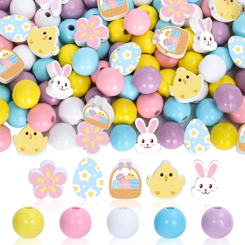 Whaline 225Pcs Easter Wooden Round Beads  White Yellow Pink Blue Purple  DIY Craft Beads for Jewelry  Decor