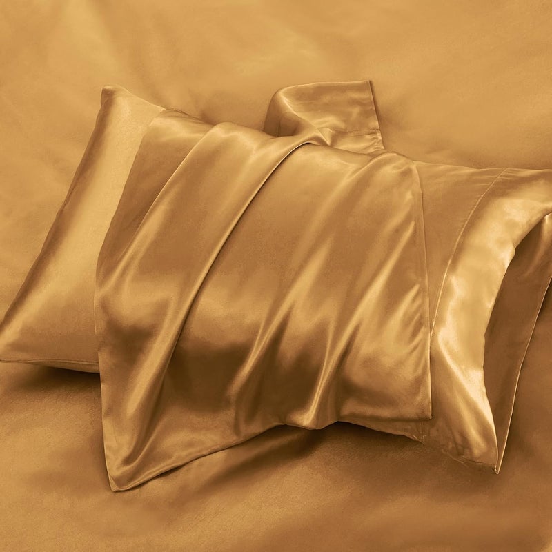 P Pothuiny 6 Pieces Queen Satin Sheets Luxury Silky Rich Gold Satin Bedding Sheet Set, 1 Deep Pocket Fitted Sheet + 1 Flat Sheet + 4 Pillow Cases - Image 4