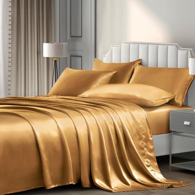 P Pothuiny 6 Pieces Queen Satin Sheets Luxury Silky Rich Gold Satin Bedding Sheet Set, 1 Deep Pocket Fitted Sheet + 1 Flat Sheet + 4 Pillow Cases - Image 3
