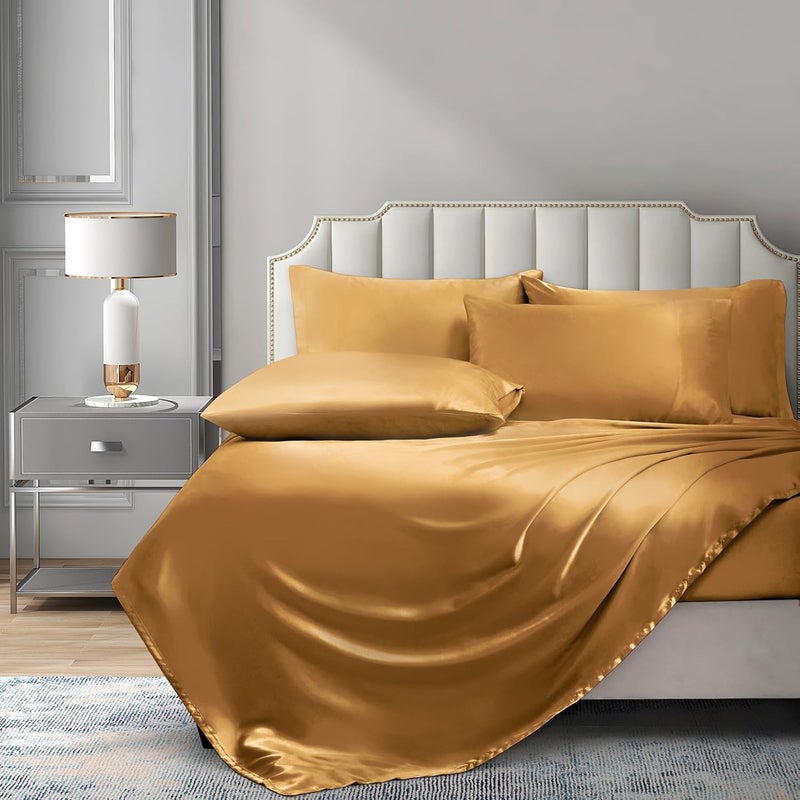 P Pothuiny 6 Pieces Queen Satin Sheets Luxury Silky Rich Gold Satin Bedding Sheet Set, 1 Deep Pocket Fitted Sheet + 1 Flat Sheet + 4 Pillow Cases - Image 2