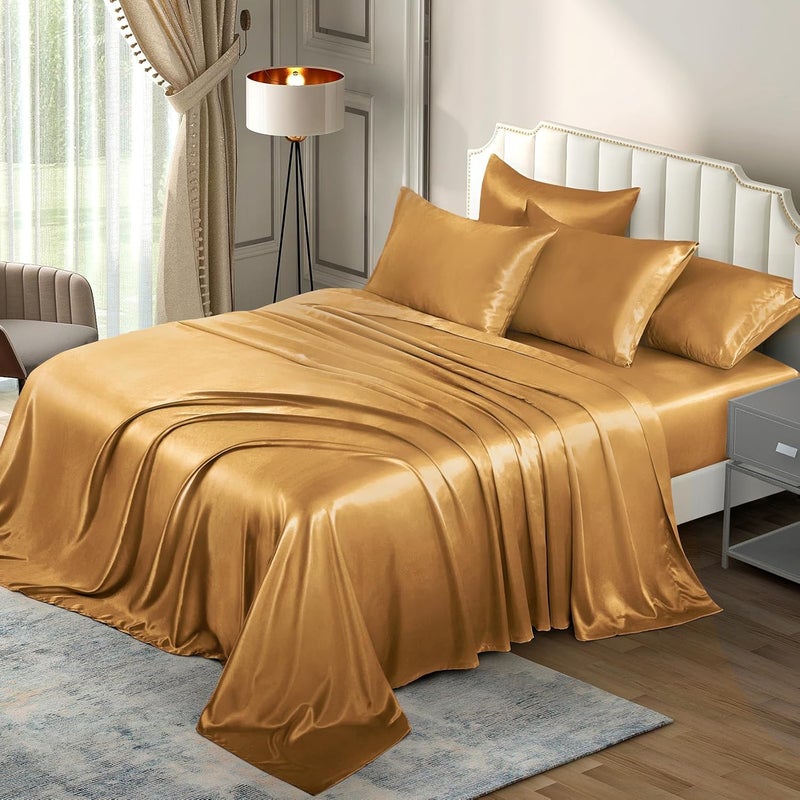 P Pothuiny 6 Pieces Queen Satin Sheets Luxury Silky Rich Gold Satin Bedding Sheet Set, 1 Deep Pocket Fitted Sheet + 1 Flat Sheet + 4 Pillow Cases - Image 1