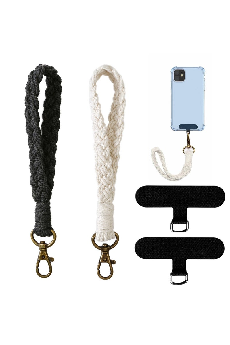  أورا سيليكت مقابض الهاتف - طقم حبل الهاتف طقم حبل الهاتف حزام معصم بوهو مكرامية مع أشرطة ربط، سوار معصم للهاتف الذكي مصنوع يدوياً، مضاد للسقوط ومضاد للسرقة، عالمي لهواتف آيفون/سامسونج ومعظم الهواتف (1أسود و1 أبيض) - Image 1